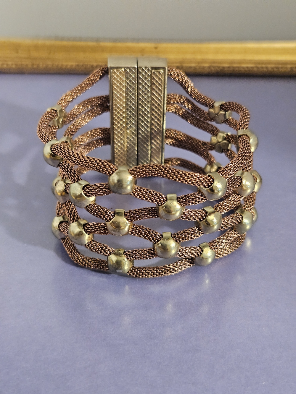 Vintage Copper Mesh Multi-Strand Bracelet with Gold Bead Accents Magnetic Clasp